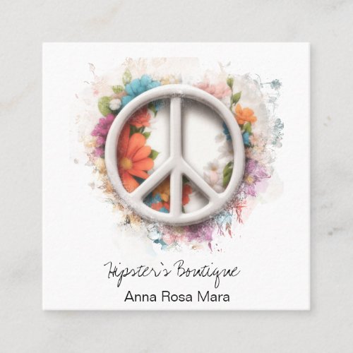  Grunge QR  White Peace Sign Flowers  Boho AP57 Square Business Card