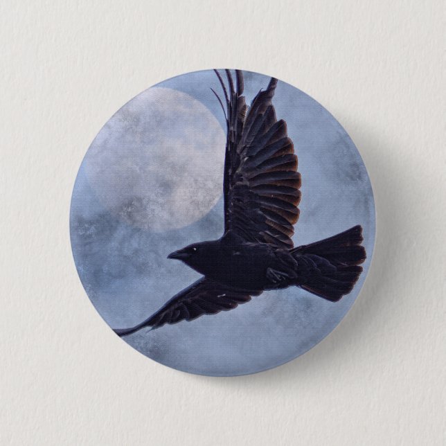 Grunge Raven & Moon Lt Blue Art Design Button (Front)