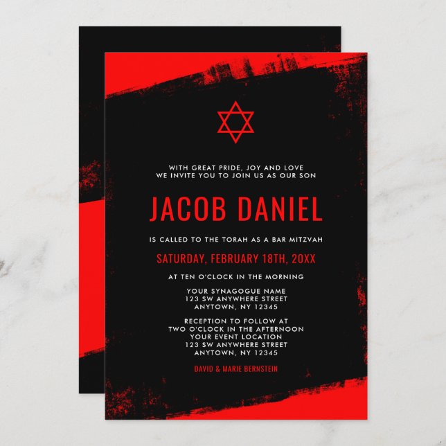 Grunge Red Black Bar Mitzvah Invitations (Front/Back)