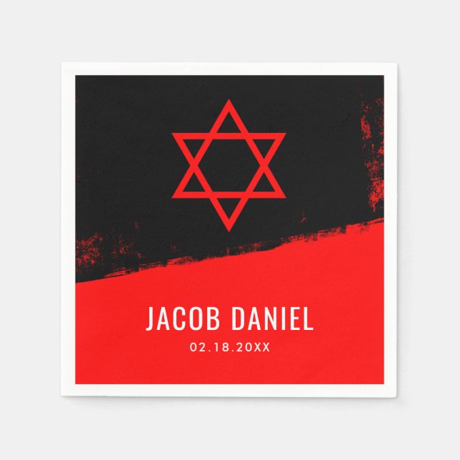Grunge Red Black Bar Mitzvah Napkins (Front)