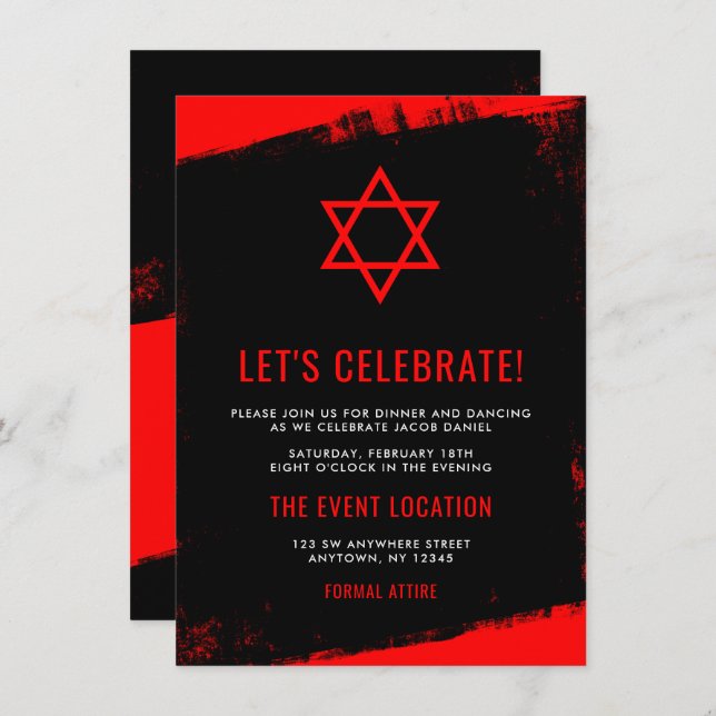Grunge Red Black Bar Mitzvah Reception Invitation (Front/Back)