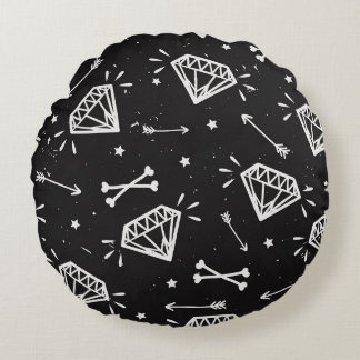 Grunge rock: diamonds, bones pattern. round pillow