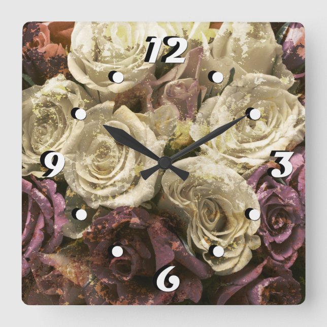 Grunge, roses, photo square wall clock (Front)