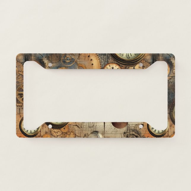 Grunge Rustic Steampunk Clock (10) License Plate Frame (Front)