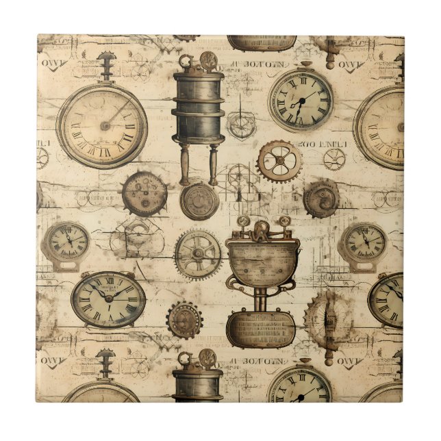 Grunge Rustic Steampunk Clock (14) Ceramic Tile (Front)