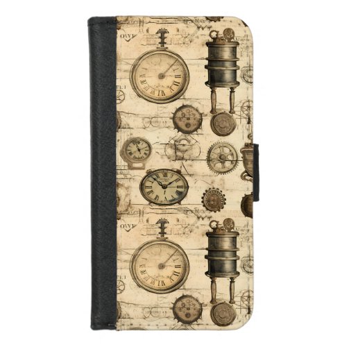 Grunge Rustic Steampunk Clock 14 iPhone 87 Wallet Case