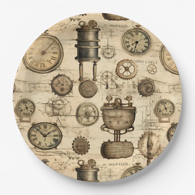 Grunge Rustic Steampunk Clock (14) Paper Plates (Front)