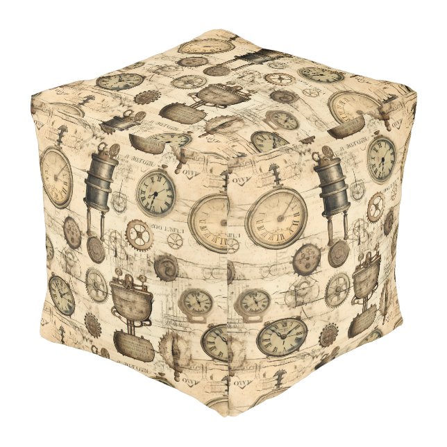 Grunge Rustic Steampunk Clock (14) Pouf (Angled Front)