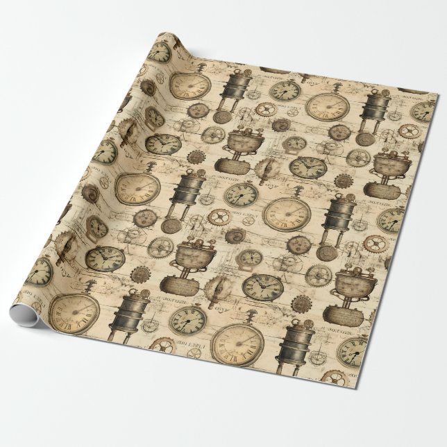 Grunge Rustic Steampunk Clock (14) Wrapping Paper (Unrolled)