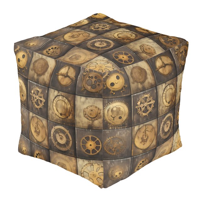 Grunge Rustic Steampunk Clock (15) Pouf (Angled Front)