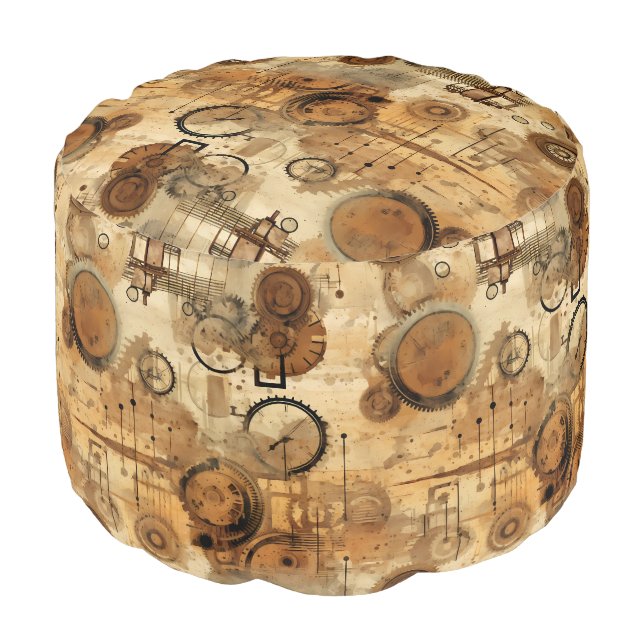 Grunge Rustic Steampunk Clock (1) Pouf (Angled Front)