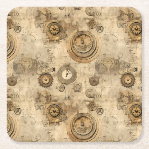 Grunge Rustic Steampunk Clock 2 Square Paper Coaster