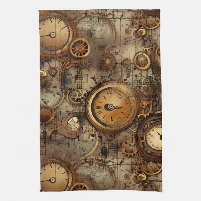 Grunge Rustic Steampunk Clock (3) Kitchen Towel (Vertical)