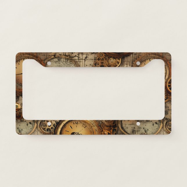 Grunge Rustic Steampunk Clock (3) License Plate Frame (Front)