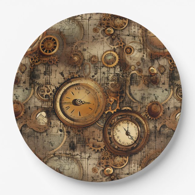 Grunge Rustic Steampunk Clock (3) Paper Plates (Front)