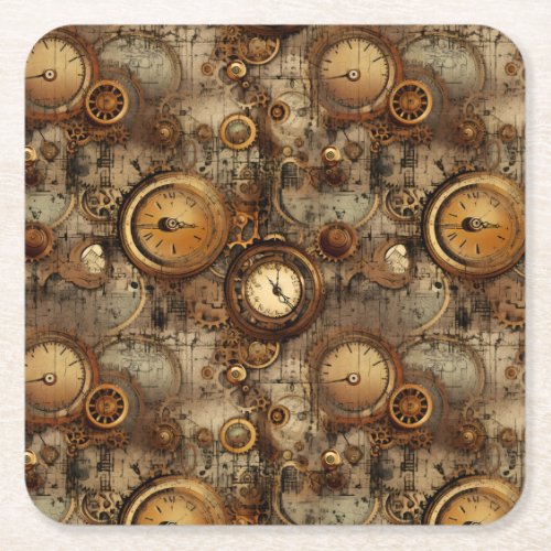 Grunge Rustic Steampunk Clock 3 Square Paper Coaster