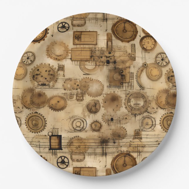Grunge Rustic Steampunk Clock (4) Paper Plates (Front)