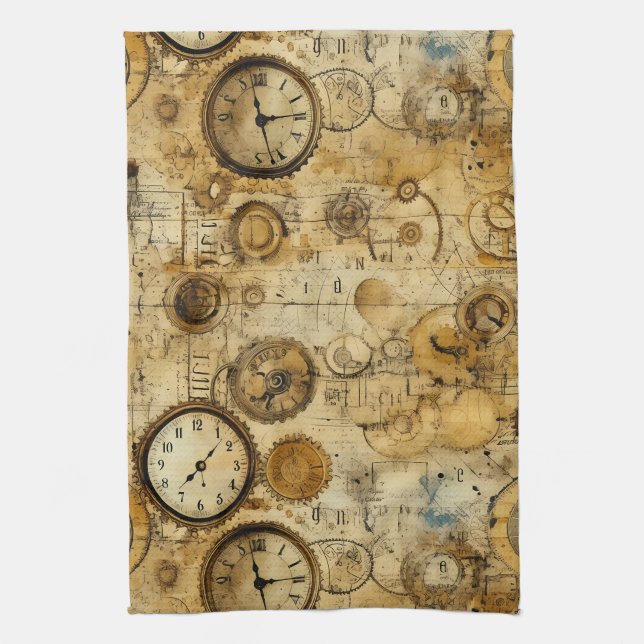 Grunge Rustic Steampunk Clock (5) Kitchen Towel (Vertical)