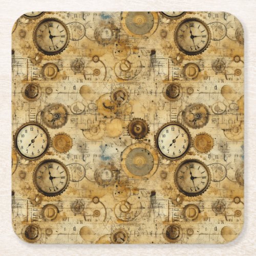 Grunge Rustic Steampunk Clock 5 Square Paper Coaster