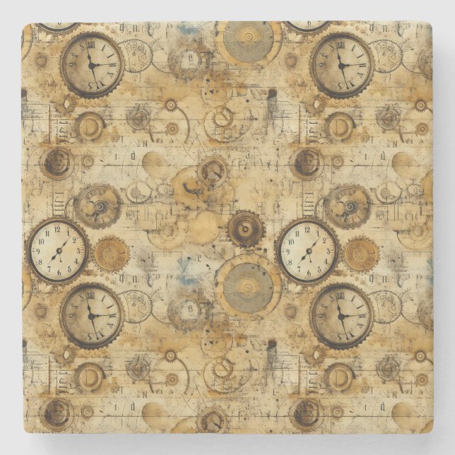 Grunge Rustic Steampunk Clock (5) Stone Coaster (Front)