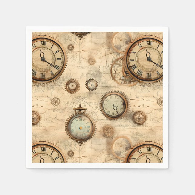 Grunge Rustic Steampunk Clock (6) Napkins (Front)