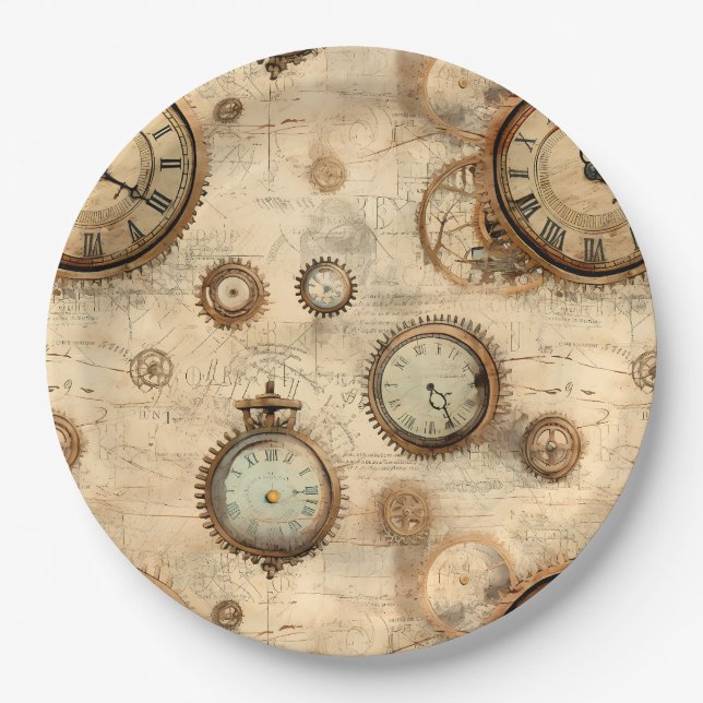 Grunge Rustic Steampunk Clock (6) Paper Plates (Front)