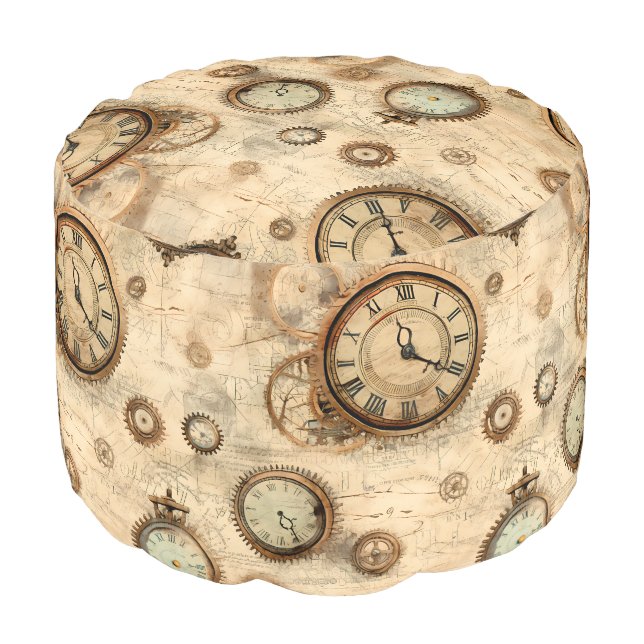 Grunge Rustic Steampunk Clock (6) Pouf (Angled Front)