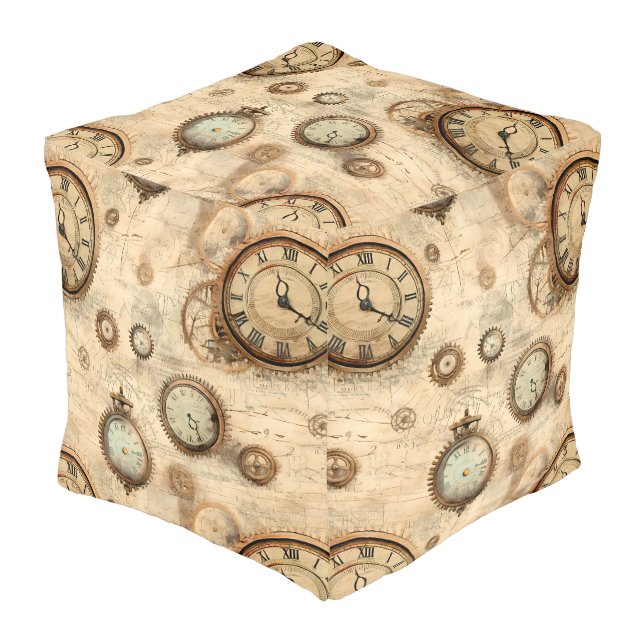 Grunge Rustic Steampunk Clock (6) Pouf (Angled Front)