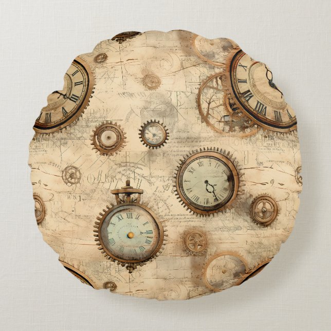 Grunge Rustic Steampunk Clock (6) Round Pillow (Front)