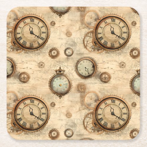 Grunge Rustic Steampunk Clock 6 Square Paper Coaster