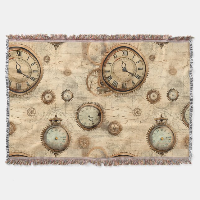 Grunge Rustic Steampunk Clock (6) Throw Blanket (Front)