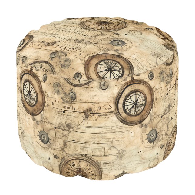 Grunge Rustic Steampunk Clock (9) Pouf (Angled Front)
