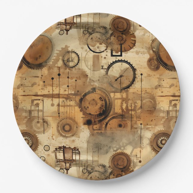 Grunge Rustic Steampunk Clock Paper Plates (Front)