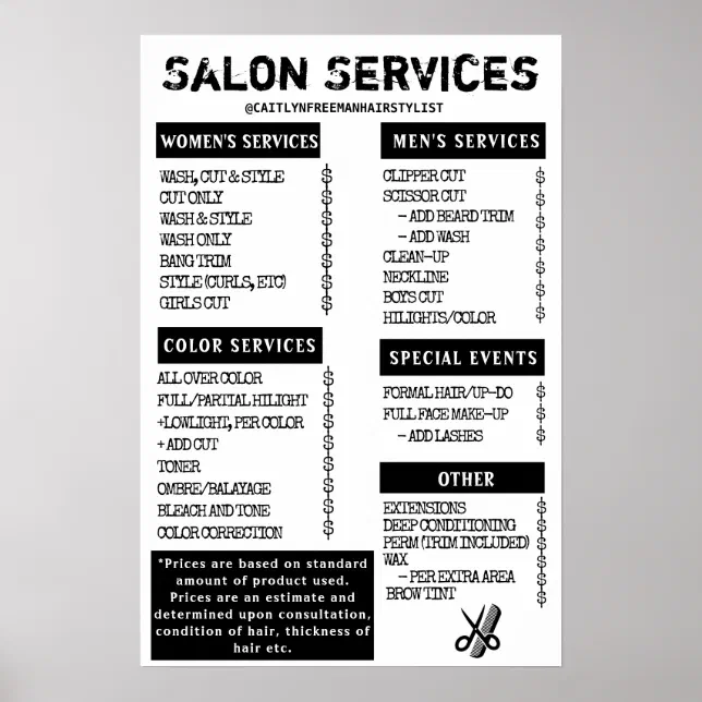 Grunge Salon Menu Poster | Zazzle