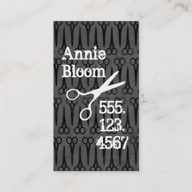 grunge scissors distressed hair stylist black grey business card (Front)