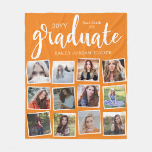 Grunge Script Graduate 12 Photo Collage Orange Fleece Blanket