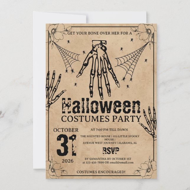Grunge Skeleton Hand Halloween Costumes Party Invitation (Front)