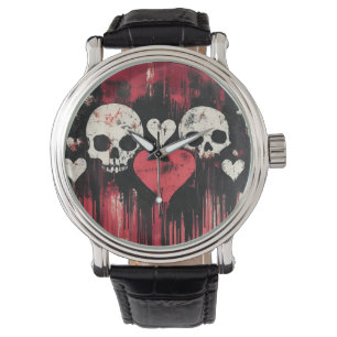 Grunge Skull and Hearts- Bold Red and Black Art Watch