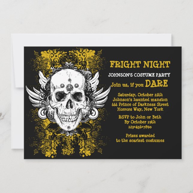 Grunge Skull Fright Night Black Invitation (Front)