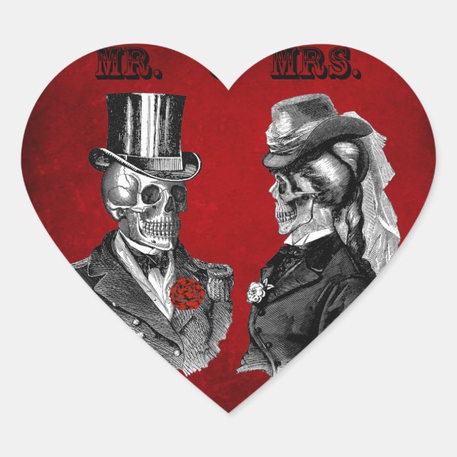 Grunge Skull Wedding & Anniversary Party Heart Sticker (Front)