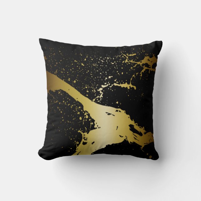 Grunge Splash Paint Splatter | black gold Throw Pillow (Front)