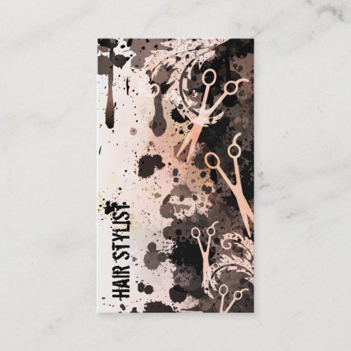 Customizable grunge spray paint splatter peach hair stylist business card templates