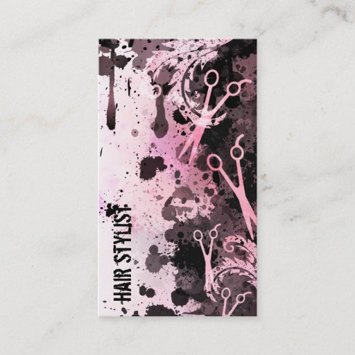Customizable grunge spray paint splatter pink hair stylist business card templates