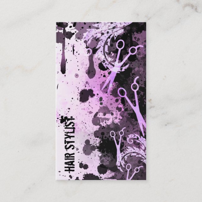grunge spray paint splatter purple hair stylist business card (Front)