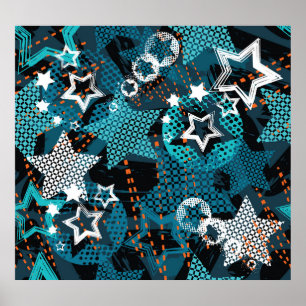 Grunge star pattern, playful children's design. poster