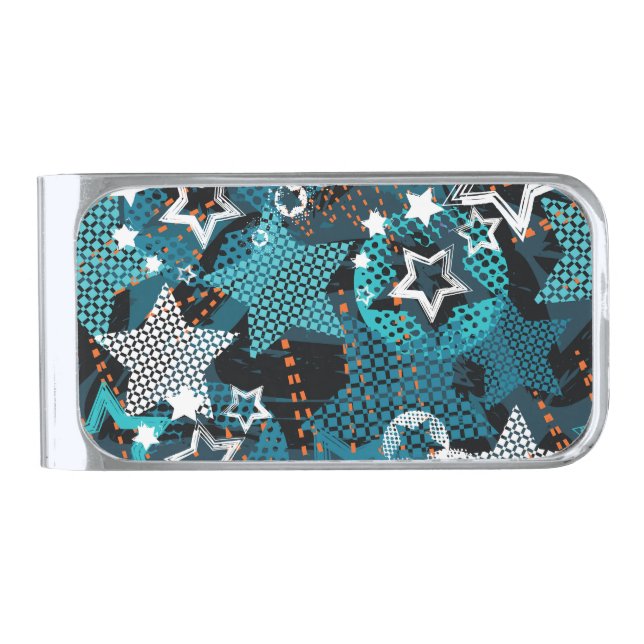 Grunge star pattern, playful children's design. silver finish money clip (Front)