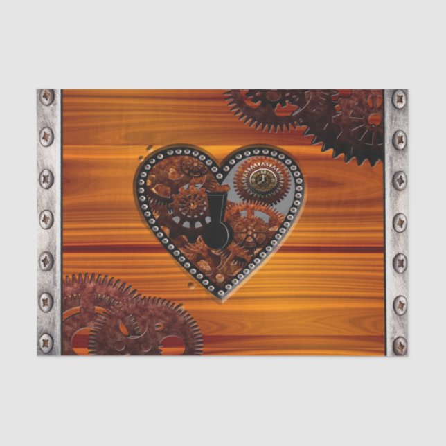 Grunge Steampunk Clocks and Gears Key Heart Box Tissue Paper (Front)