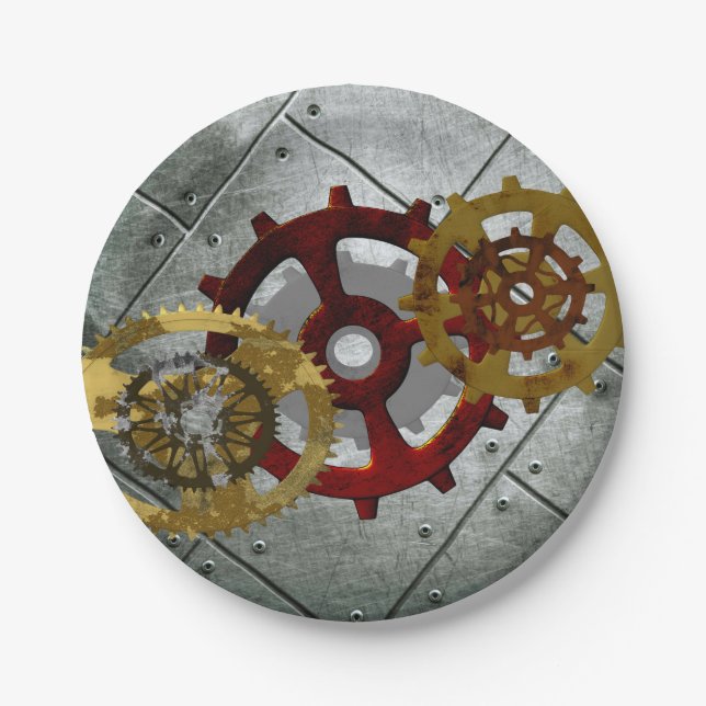 Grunge Steampunk Clocks and Gears Paper Plates (Front)