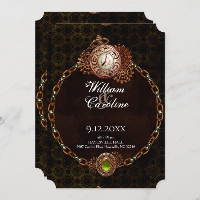 Grunge Steampunk Gears and Clock Vintage Wedding Invitation (Front/Back)
