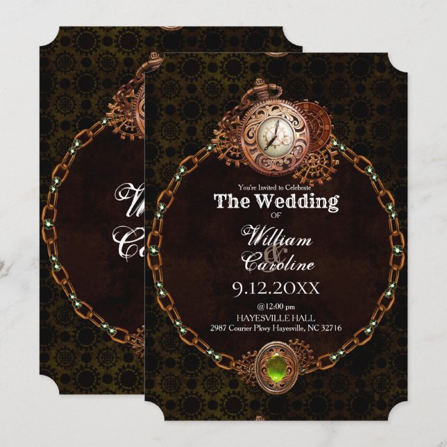 Grunge Steampunk Gears and Clock Vintage Wedding Invitation (Front/Back)